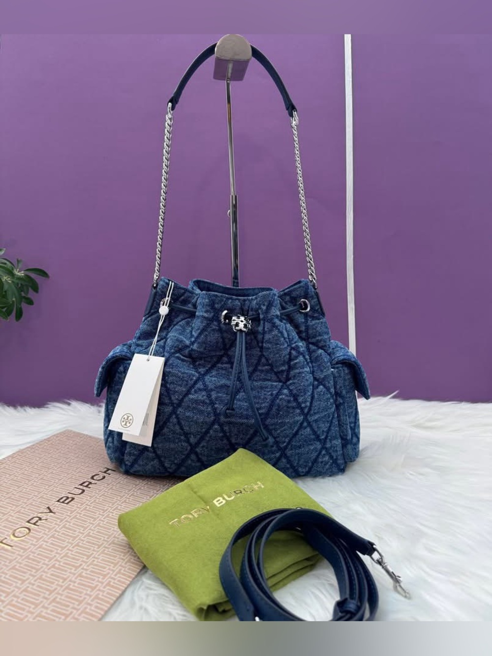 183603 Tory Burch Charlie Quilted Denim Drawstring Shoulder Bag